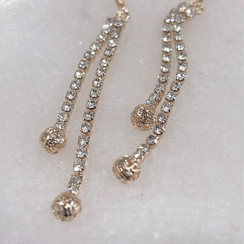 Double Golden Rhinestone Dangle Earrings - Picture 2 of 5